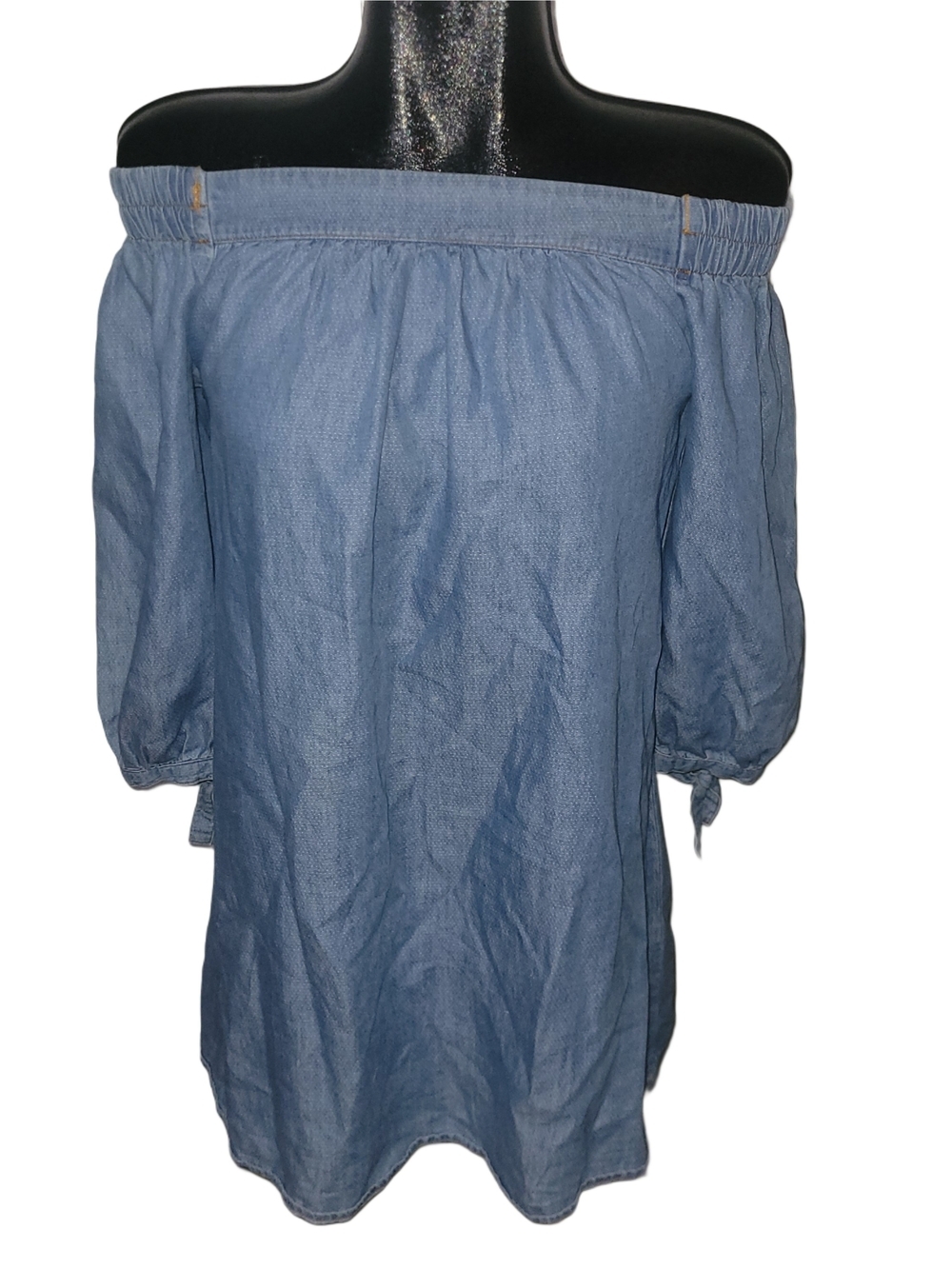 Light Blue Denim Look Off-Shoulder Cropped Sleeve Chambray Tunic Size M